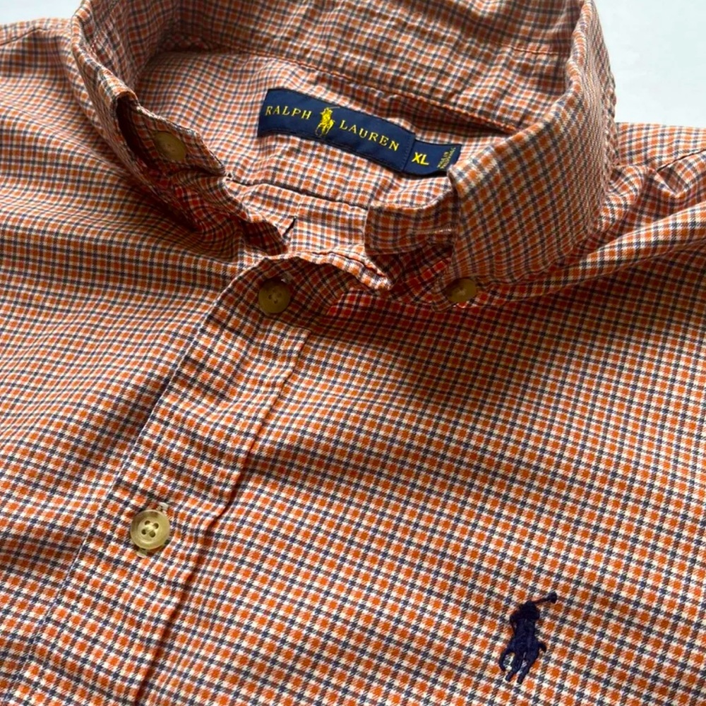Ralph Lauren Polo Men’s XL Button Shirt - Lightweight Cotton Orange Blue Plaid